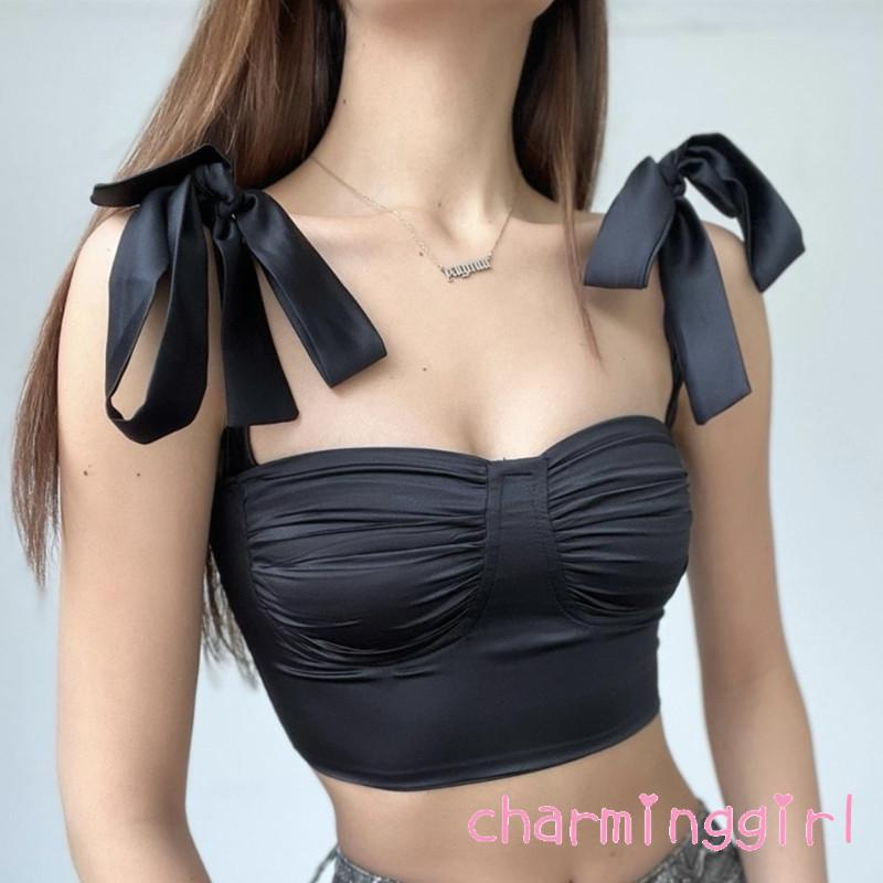 Áo Croptop Sát Nách Màu Sắc Trơn Thiết Kế Dây Đan Chéo Ngực Quyến Rũ