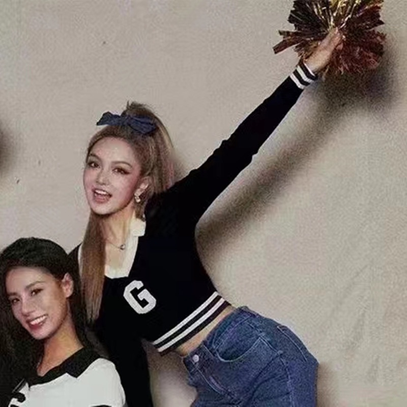 SUXI Áo Croptop Dệt Kim Tay Dài Dáng Ôm In Chữ Phong Cách Cổ Điển Thời Trang Cho Nữ