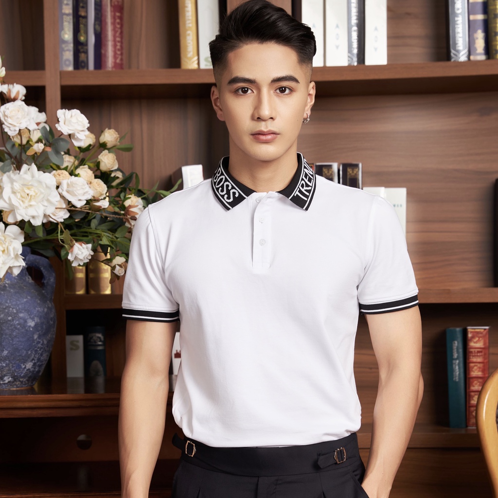 Áo polo nam cổ phối chữ vải thun cá sấu Cotton màu trắng,sang trọng và đẳng cấp của Trend Boss