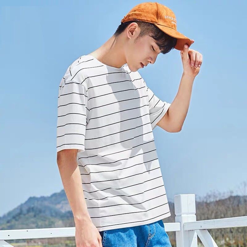 ÁO THUN NAM MÀU TRẮNG SỌC NGANG ĐEN VẢI COTTON UNISEX KẺ NGANG SỌC NHỎ