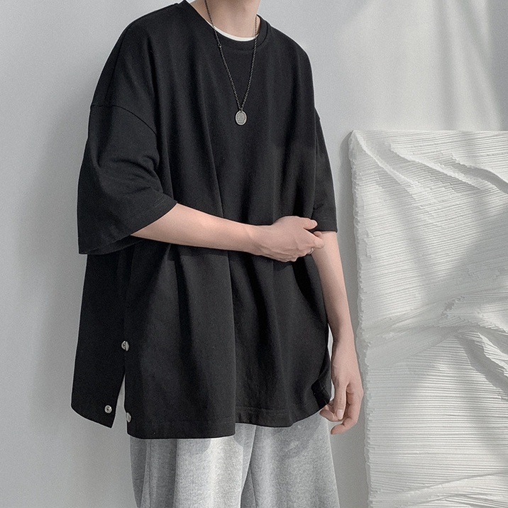 Áo Thun Tay Lỡ Unisex Xẻ Tà Cotton Thoáng Mát,Áo Phông Dáng Rộng Phối Cúc Nam Nữ Phong Cách Hàn Quốc