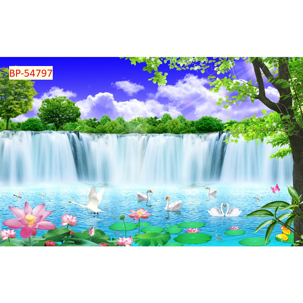 Tranh 3d thác nước chảy rừng cây trong lành 3D