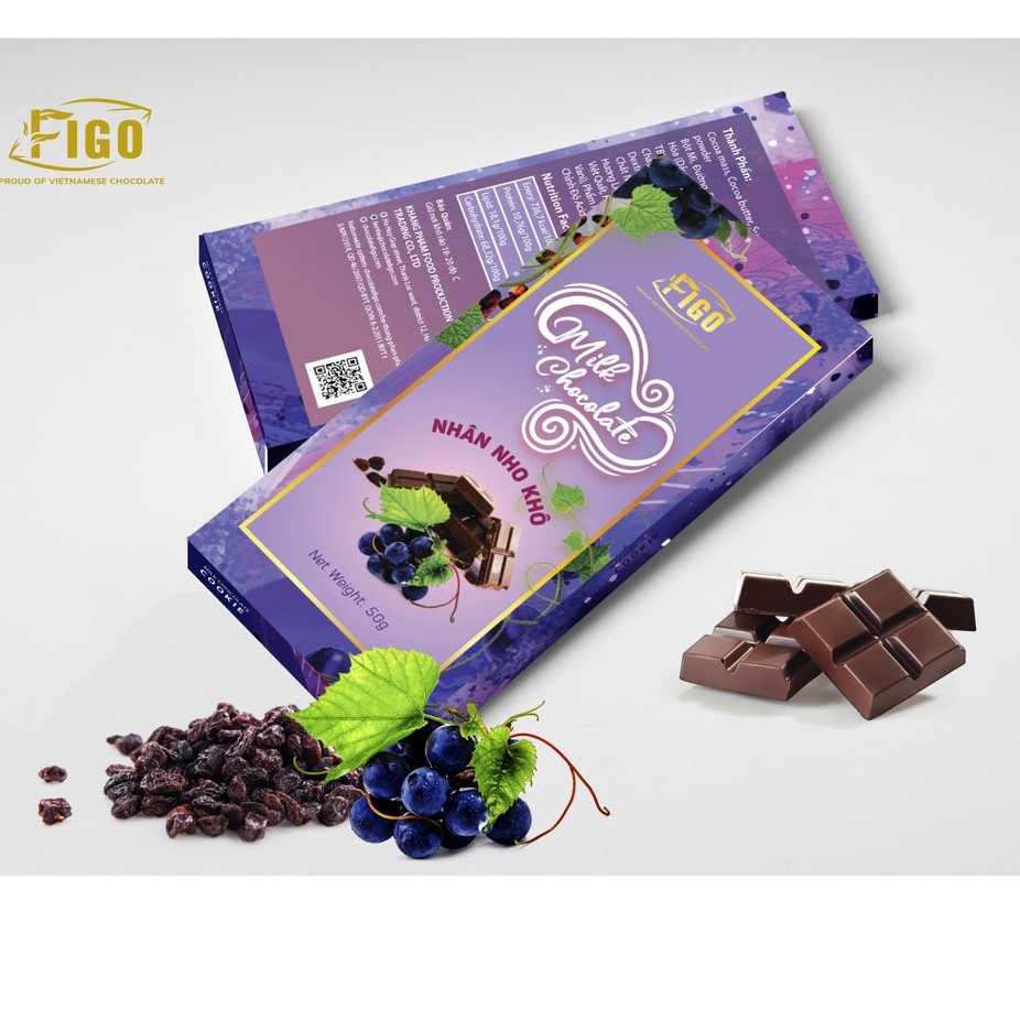 [Chính hãng] Socola sữa 50% Cacao Figo thanh 50gr | Milk Chocolate 50% Cacao nhân Nho khô thơm đậm đà, ĂN LÀ NGHIỀN