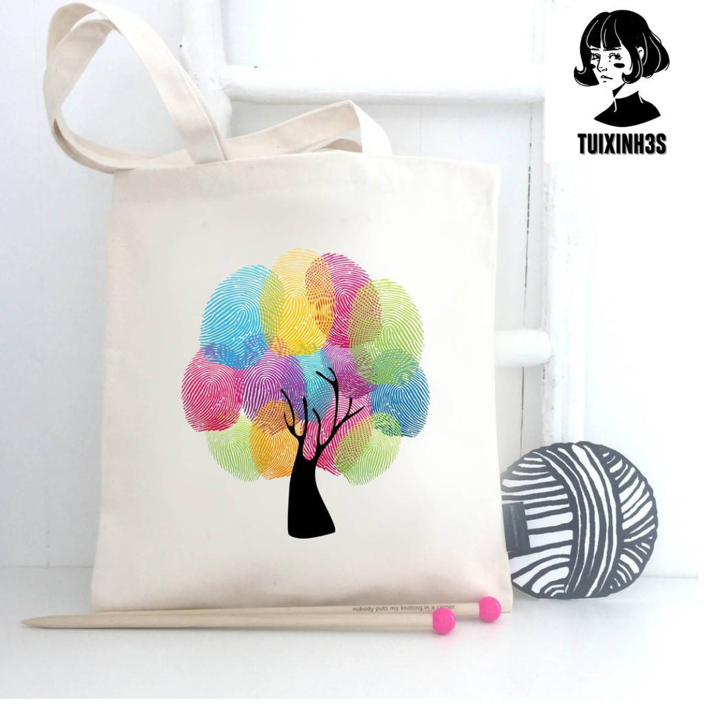 Túi Tote Tròn Sắc Màu Cô Gái Vải Dệt Canvas Có Túi Con Đi Học Đi Chơi