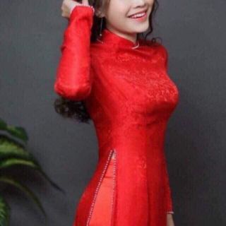 Áo dài gấm đỏ - trắng form siêu chuẩn