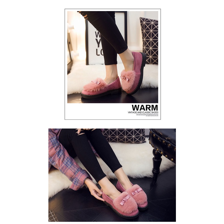 Giày Lười Đế Bằng Lót Bông Giữ Ấm Chống Trượt Phong Cách Hàn Quốc Thời Trang Thu Đông Cho Nữ