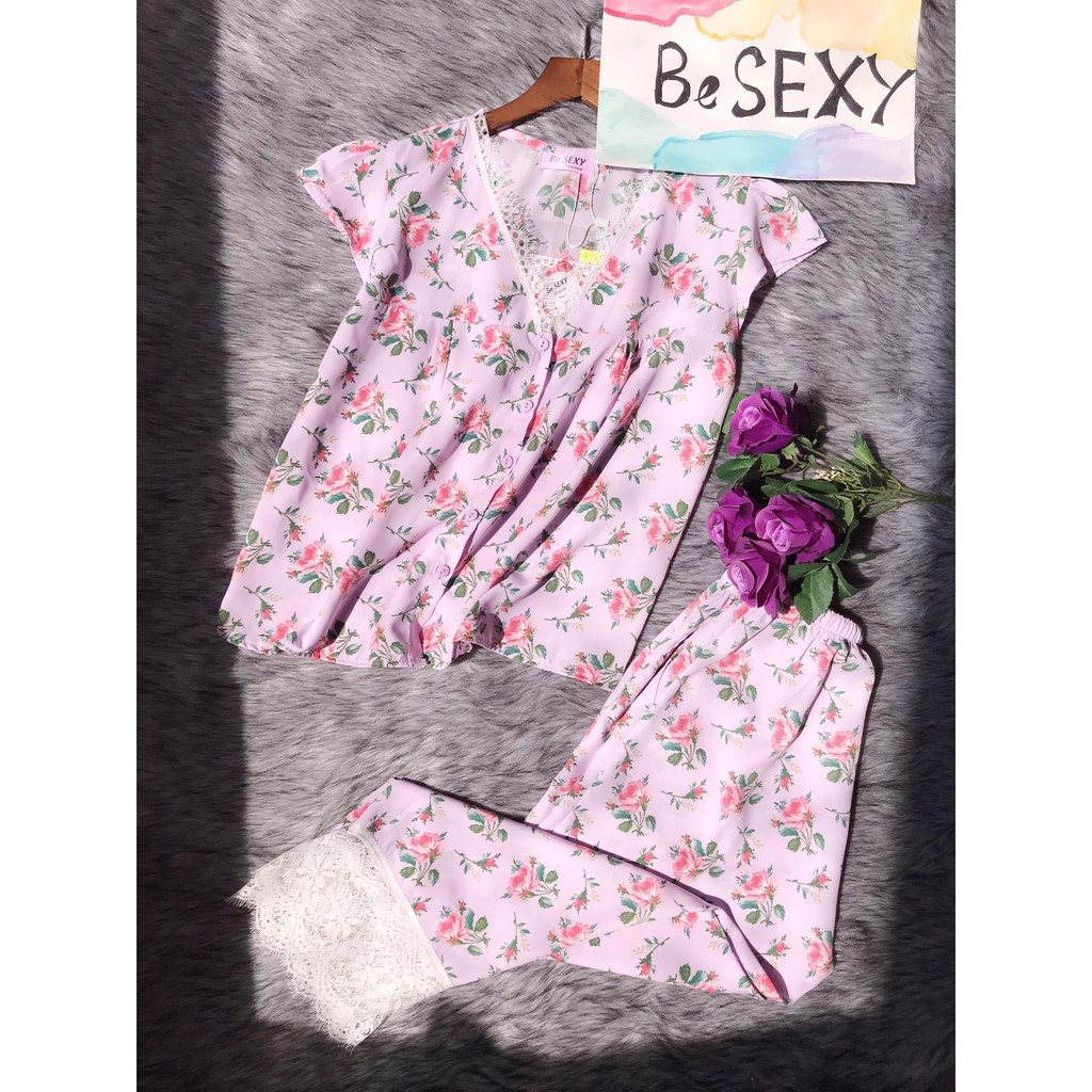 Set lụa hoa thiết kế phối ren, quần dài