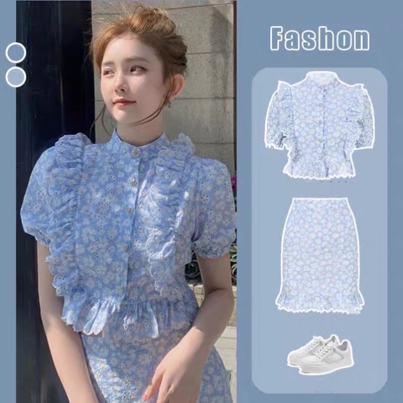 Set áo + váy hoa xanh phong cách HQ trẻ trung kèm ảnh thật ☁️