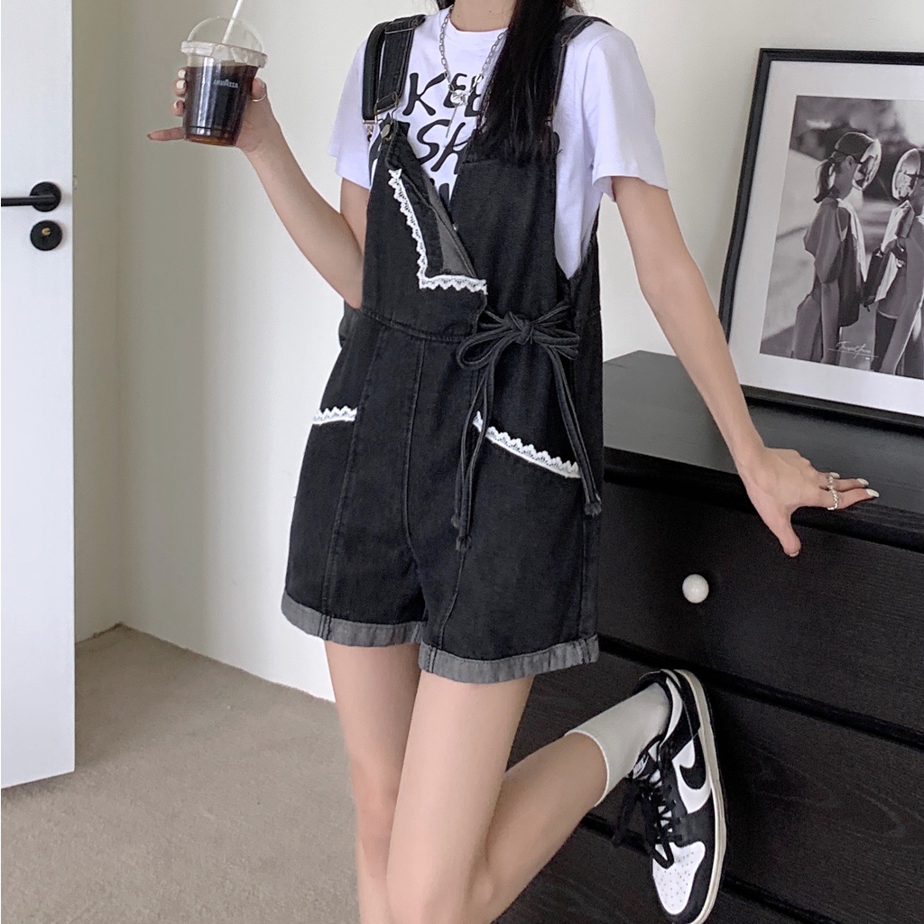 Quần Short Yếm Jean Màu Đen Thời Trang Mùa Hè 2022