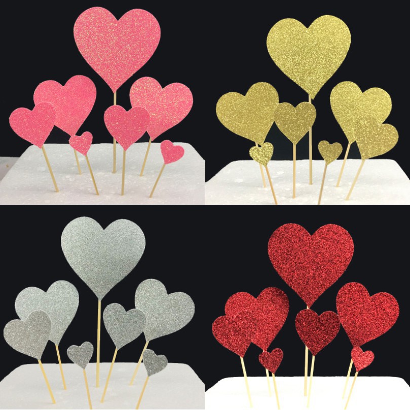 topper cake [FREESHIP] set cắm giấy tim nhũ