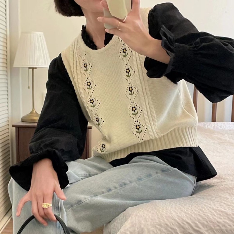 Áo Dệt Kim Sát Nách Thêu Hoa 208536 Áo Sweater Không Tay Dáng Ngắn Phong Cách Vintage Hàn Quốc
