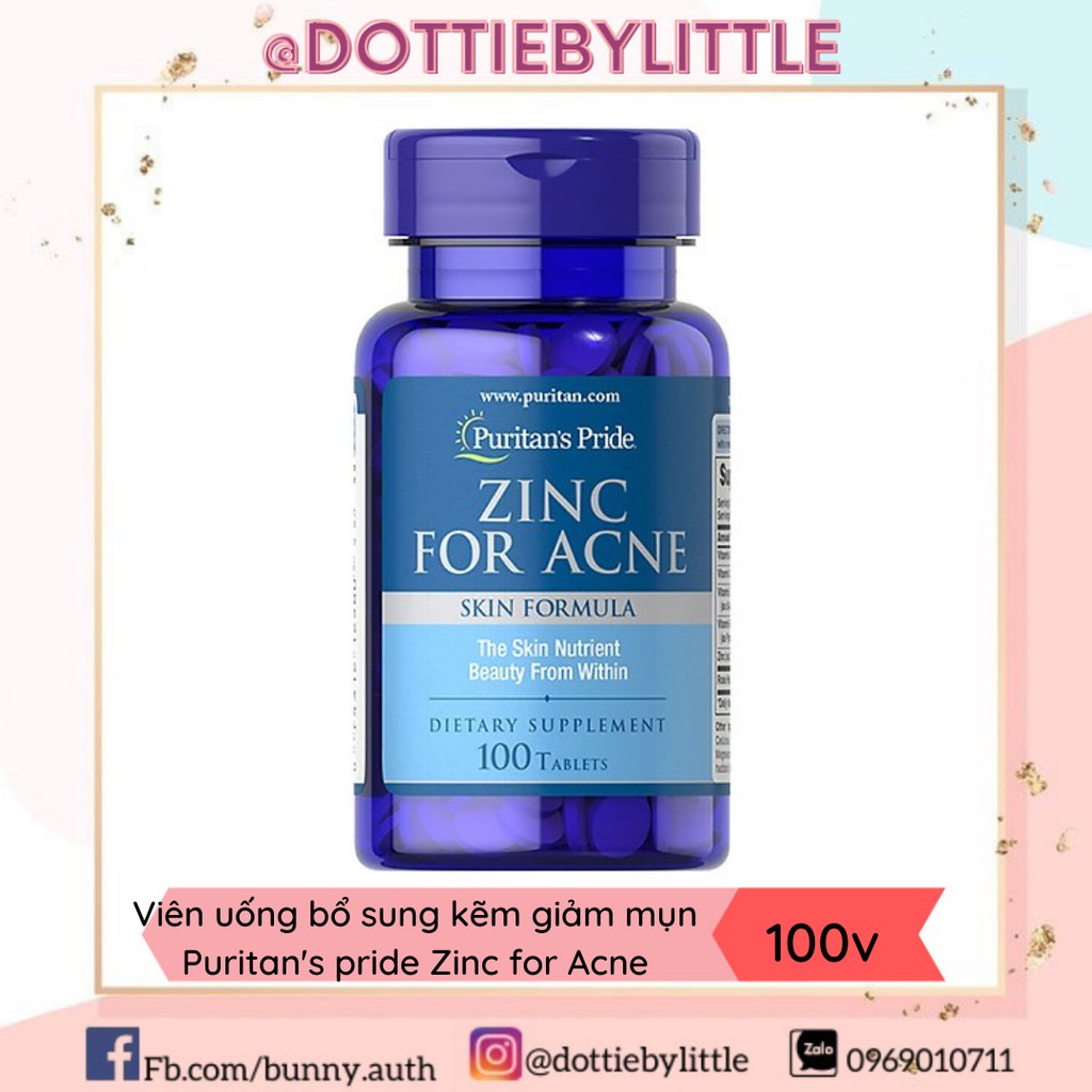 [BILL US] Viên uống bổ sung kẽm giảm mụn Zinc For Acne Puritan's Pride 100 viên