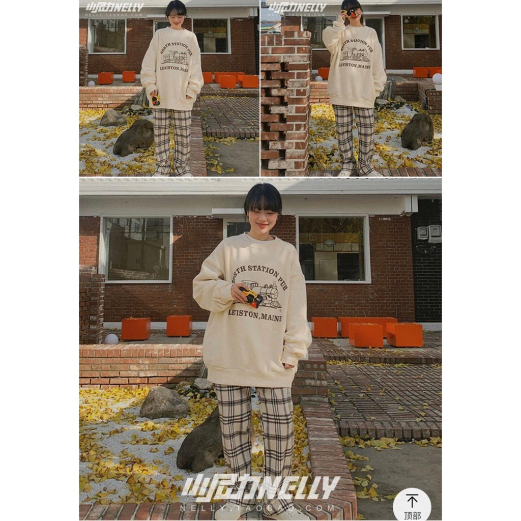 Bộ Nỉ NORTH Culottes Kẻ Nữ [FREESHIP] 🌸 Set sweater thun dài tay bồng, quần suông ống rộng Ulzzang HOT 🌸 | WebRaoVat - webraovat.net.vn