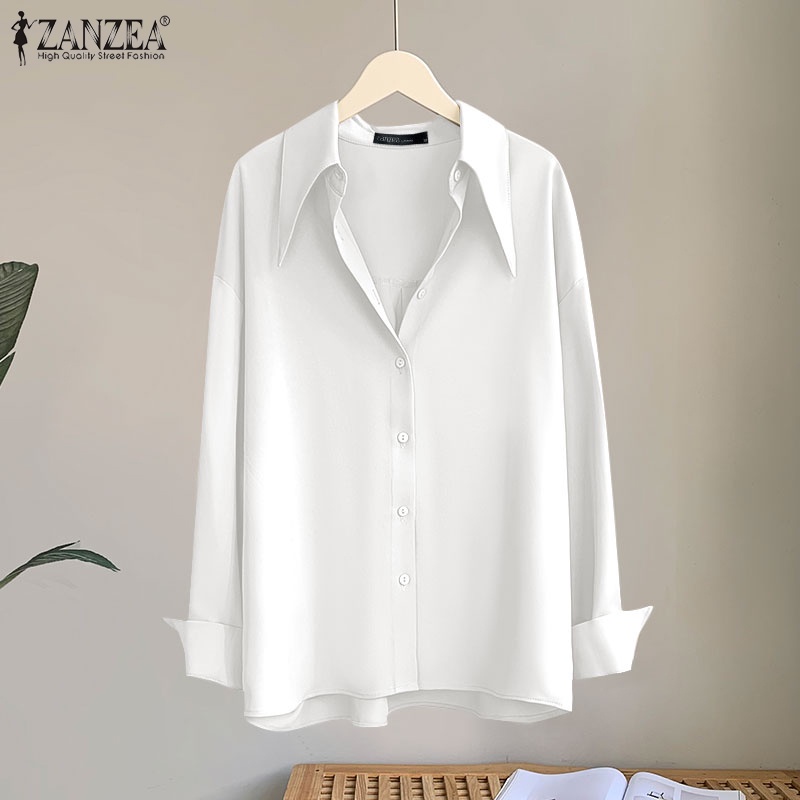 Áo sơ mi nữ ZANZEA tay dài dáng rộng cài nút màu trơn đơn giản dễ phối đồ
