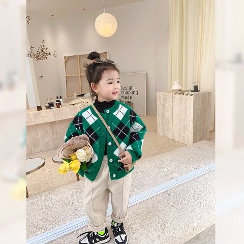 Áo len caro xanh cardigan &amp; gile cho bé(Cao 90-140cm, nặng 10-30kg) N01013