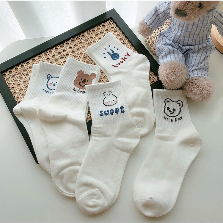 Set tất chân cao cổ thỏ gấu nữ chất len đẹp màu trắng Hàn Quốc
