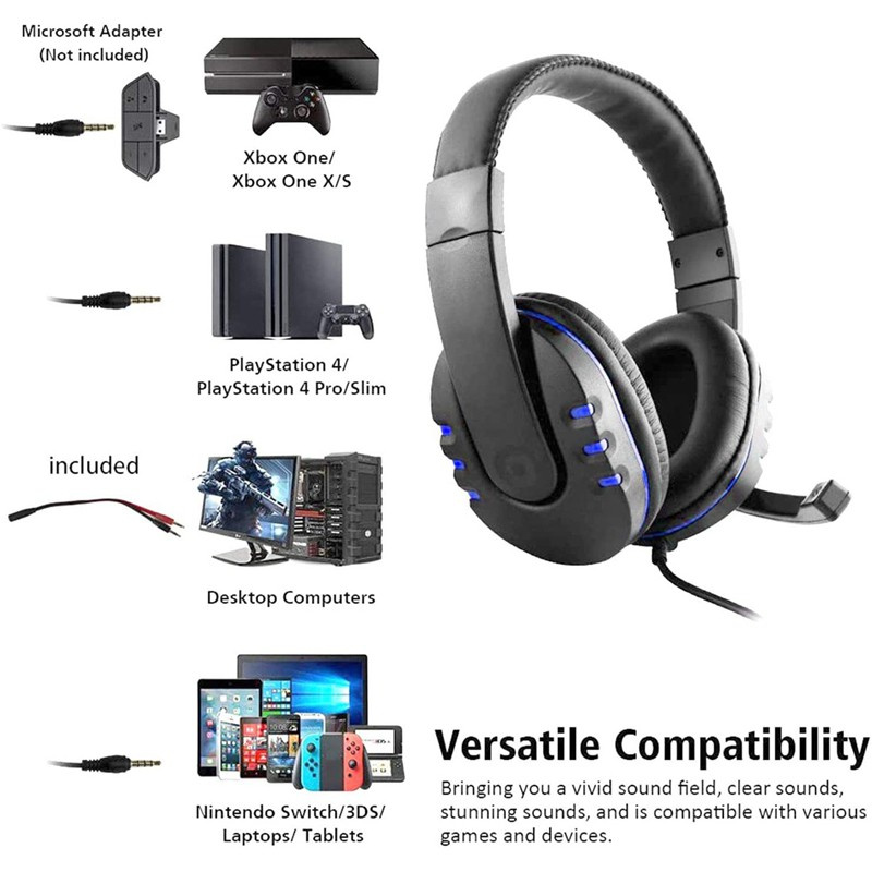 Wired Headphones with Mic Stereo Gaming Headset for Sony PS5 PS4 Blue