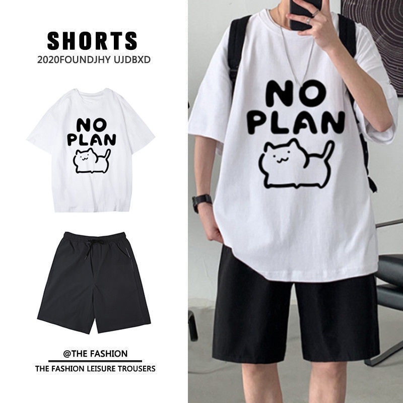 Trang phục áo thun tay ngắn và quần short ống rộng in hoạt hình kiểu mùa hè cho nam