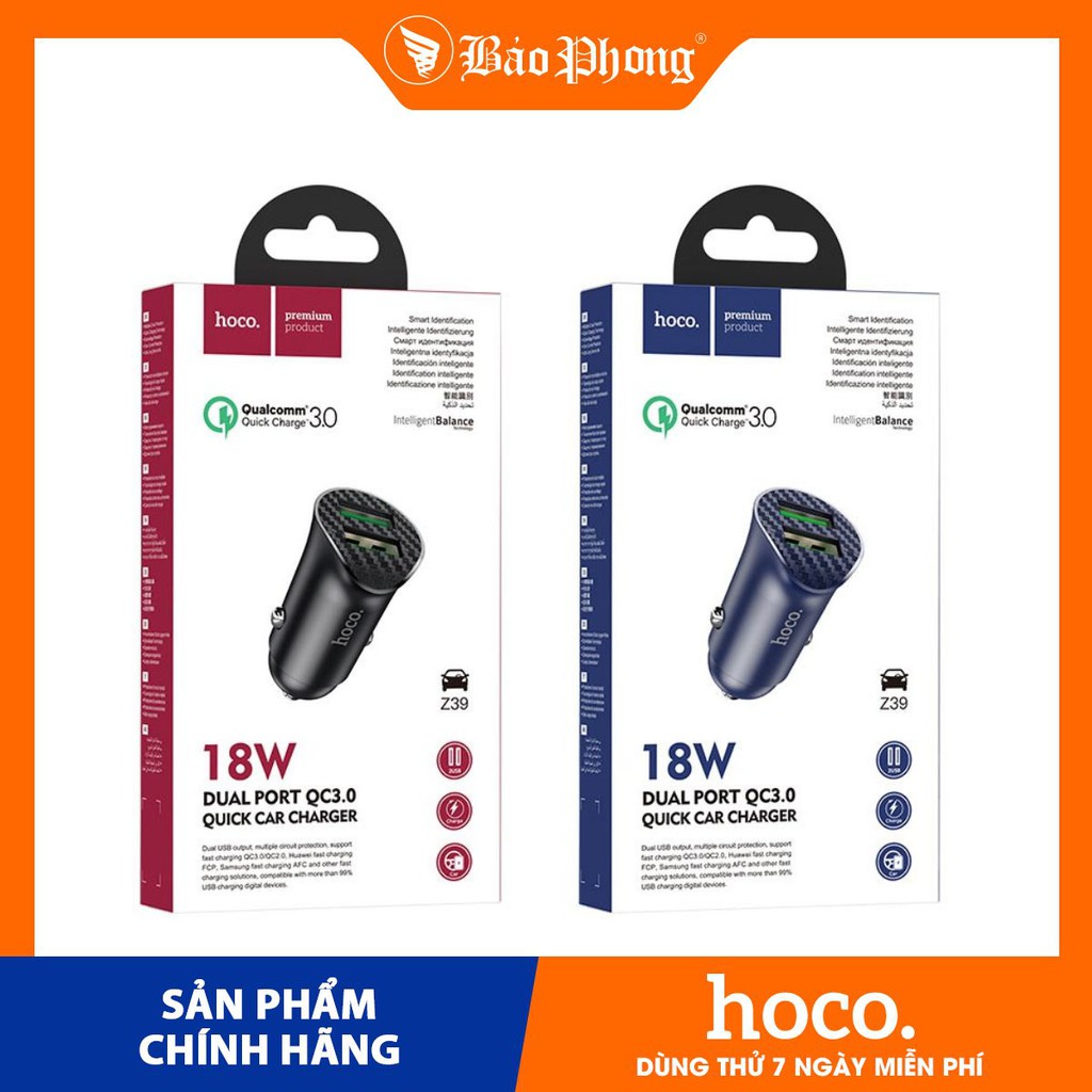 Tẩu sạc xe hơi ô tô HOCO Z39 2 cổng USB QC 3.0 Dành cho điện thoại iPhone iP Xiaomi Huawei Samsung Oppo Realme