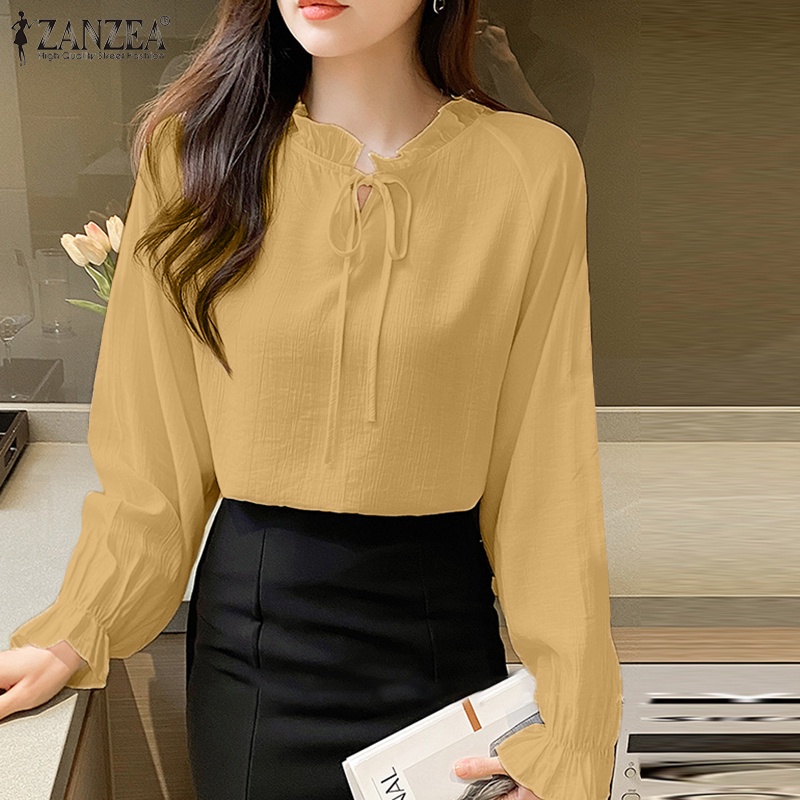 Zanzea Áo Kiểu Nữ Tay Dài Cổ Tròn Phong Cách Hàn Quốc