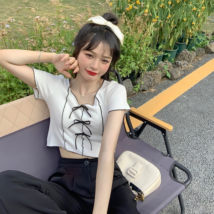 Áo thun ZHELIHANGFEI ngắn tay thắt nơ xinh xắn thời trang