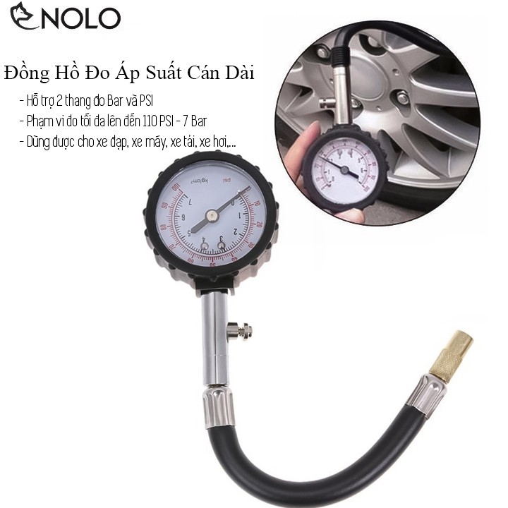 Đồng Hồ Đo Áp Suất Lốp Xe Cán Dài 21cm Có 2 Thang Đo BAR PSI Phạm Vi Đo Tối Đa 110 PSI 7 BAR
