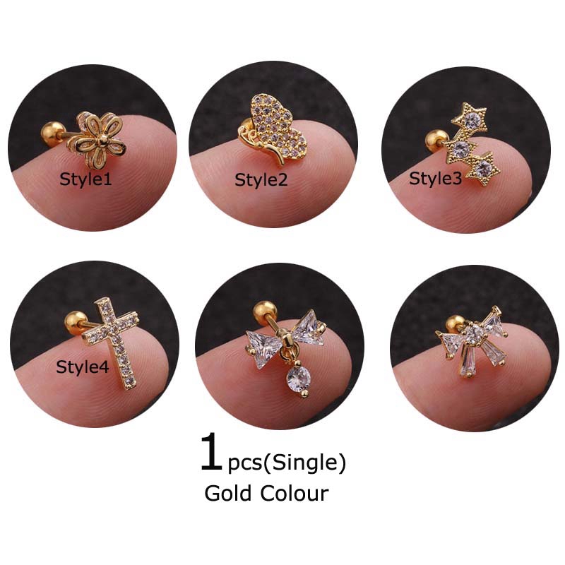 Khuyên tai xỏ bằng inox đính đá zircon 6mm thời trang