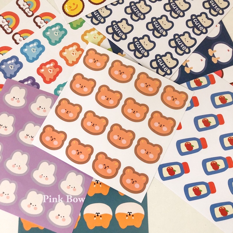 Sticker giấy CUTE hình con GẤU / THỎ / MẶT CƯỜI / TIM / CẦU VỒNG / CHÓ CORGI - 1 set gồm 2 tấm 16c