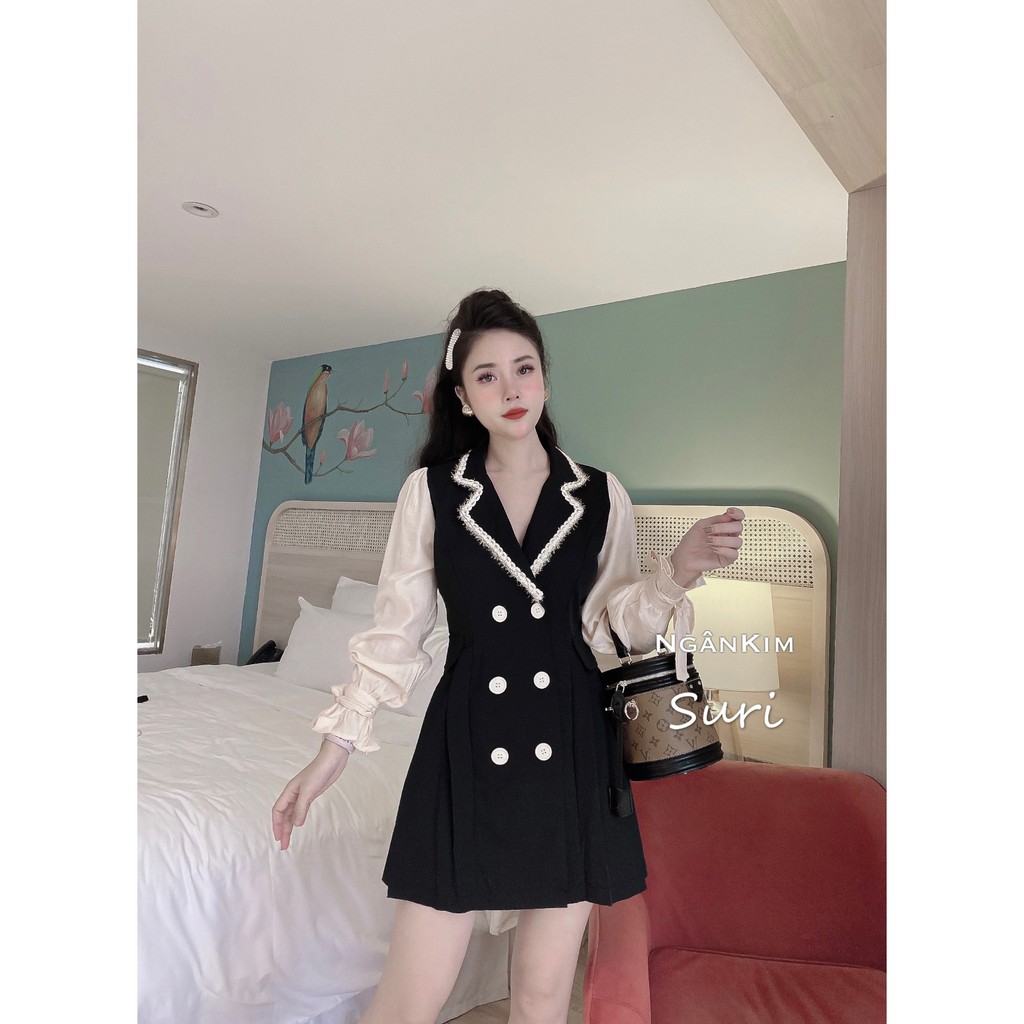 Váy cổ vest pha tay