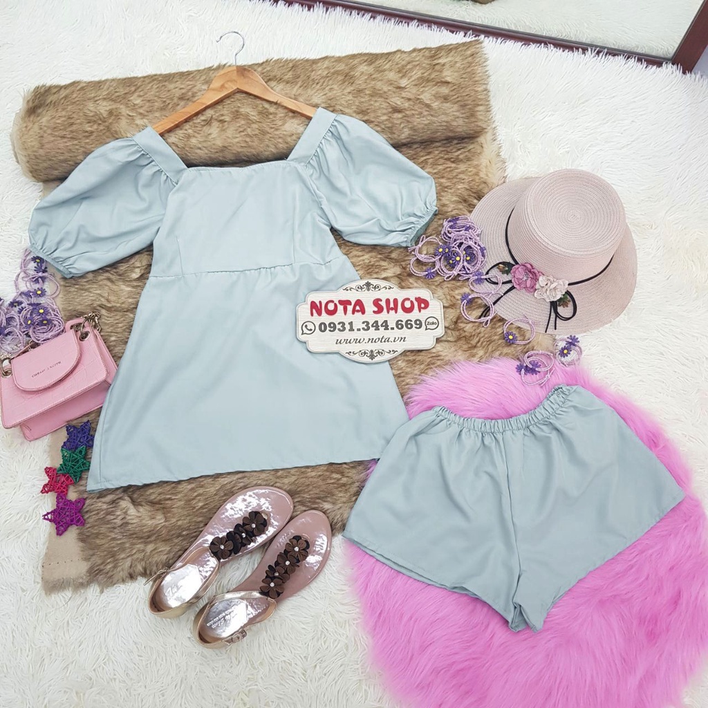 Set bộ đùi ngắn phối áo babydoll cổ vuông tay phồng xinh xắn tươi trẻ, SET ĐÙI CỔ VUÔNG