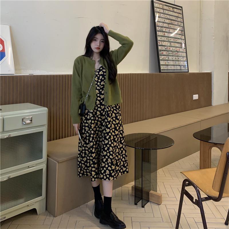 One Set Đầm Hai Dây Dệt Kim Dáng Ôm Phong Cách Hàn Quốc Cổ Điển Thời Trang 2022