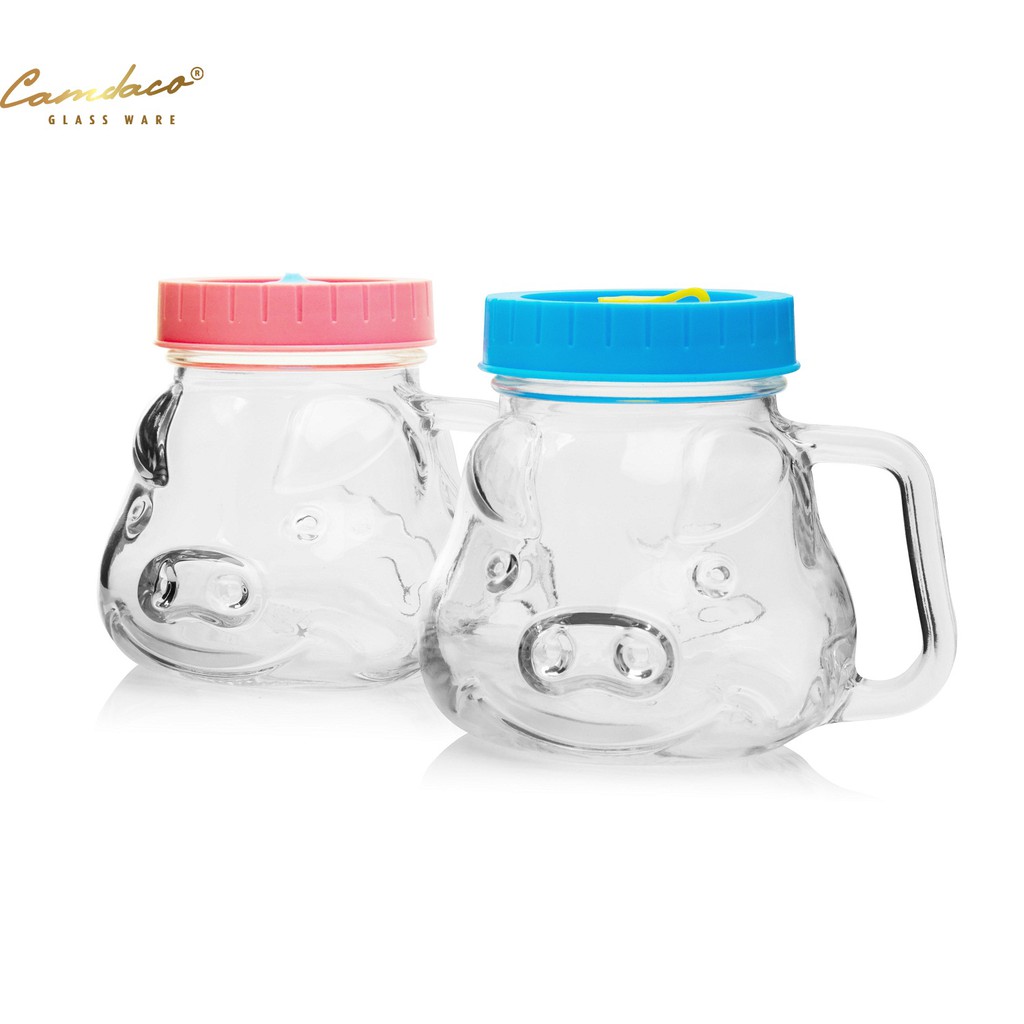 Ly Cốc Thủy Tinh Hình Con Heo CAMDACO GLASS WARE 480ML Nắp Nhựa ABS -  Màu Ngẫu Nhiên