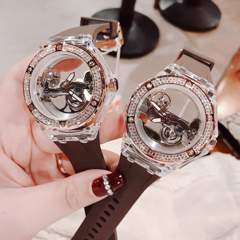 Đồng Hồ Davena Nam Nữ Automatic D31592 Mặt Lộ Máy Trong Suốt Dây Silicon Nâu 42mm Rose Gold Chính Hãng