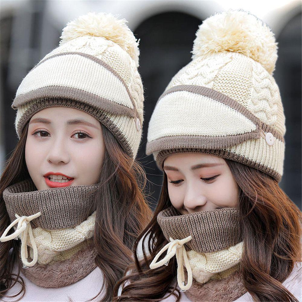 Set 3 Mũ beanie Trùm Đầu Kiêm Khăn Choàng Cổ Giữ Ấm Chống Lạnh Cho Nữ