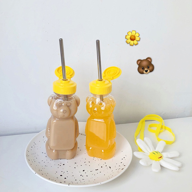 Bình Uống Nước Có Nắp Đậy Và Ống Hút Hình Gấu Hoạt Hình Đáng Yêu Chống Rò Rỉ Cho Trẻ Em