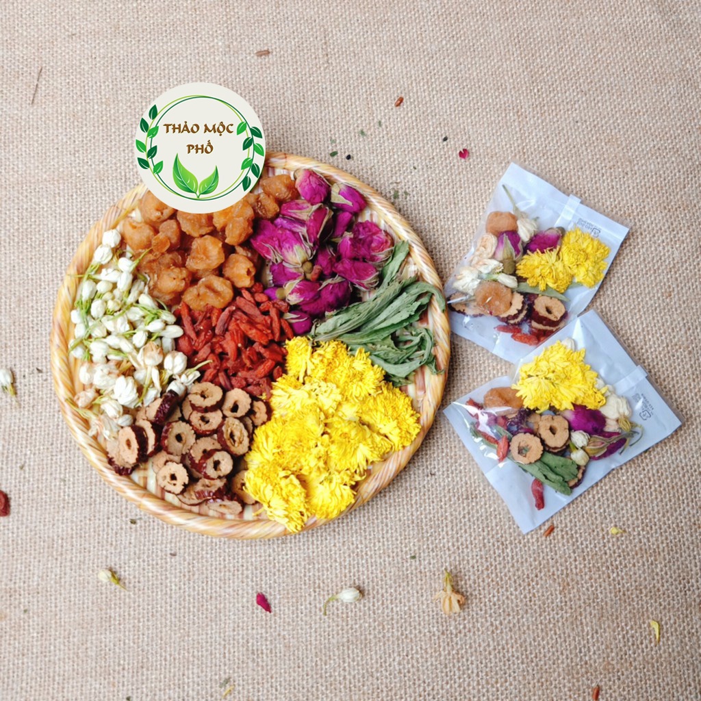 TRÀ DƯỠNG NHAN 7 VỊ-Bổ dưỡng đẹp da ngăn ngừa lão hóa -táo đỏ, kỳ tử, hoa cúc, long nhãn, nụ hồng, hoa nhài, cỏ ngọt