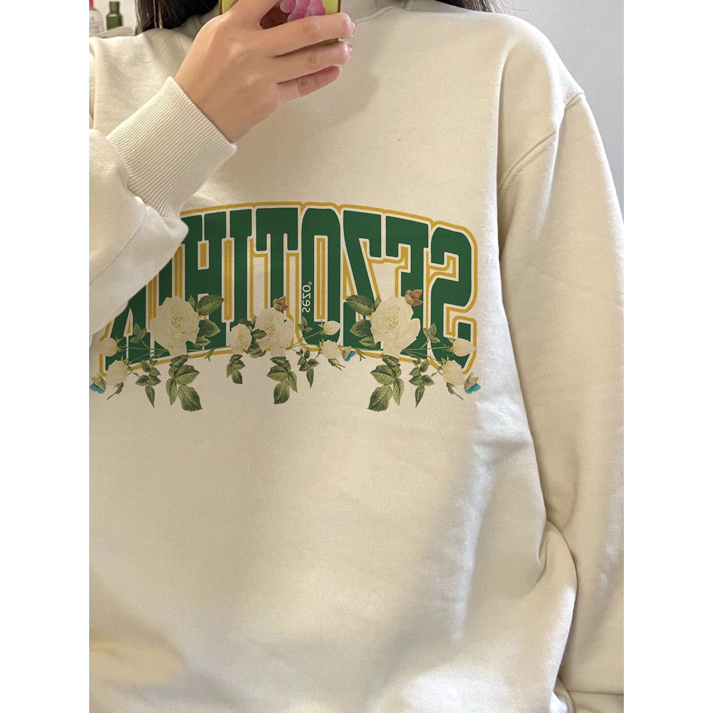 Áo Nỉ oversize Cổ Tròn In Họa Tiết Phong Cách retro Đường Phố Mỹ