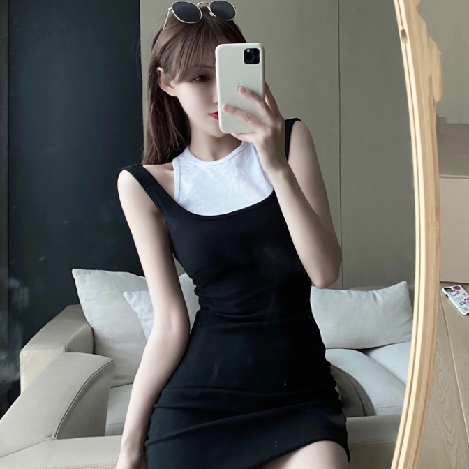 Sexy beautiful back temperament slim fit fake two-piece vest skirt women's summer Korean version close waist thin short Hip Wrap Dress