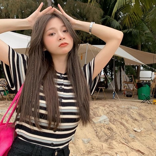 Áo cardigan ZHELIHANGFEI dệt kim ngắn tay cổ bẻ họa tiết kẻ sọc thời trang