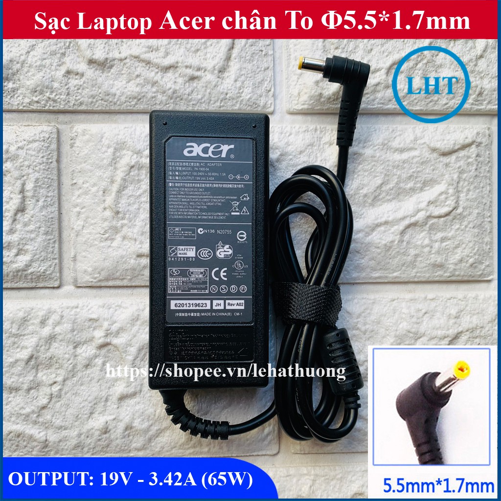 Sạc Laptop Acer 19v 3.42a (65w) chân thường to đường kính đầu sạc 5.5mm - tặng kèm dây nguồn