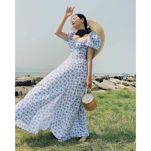 Đầm maxi hoa xanh xẻ tà đi biển
