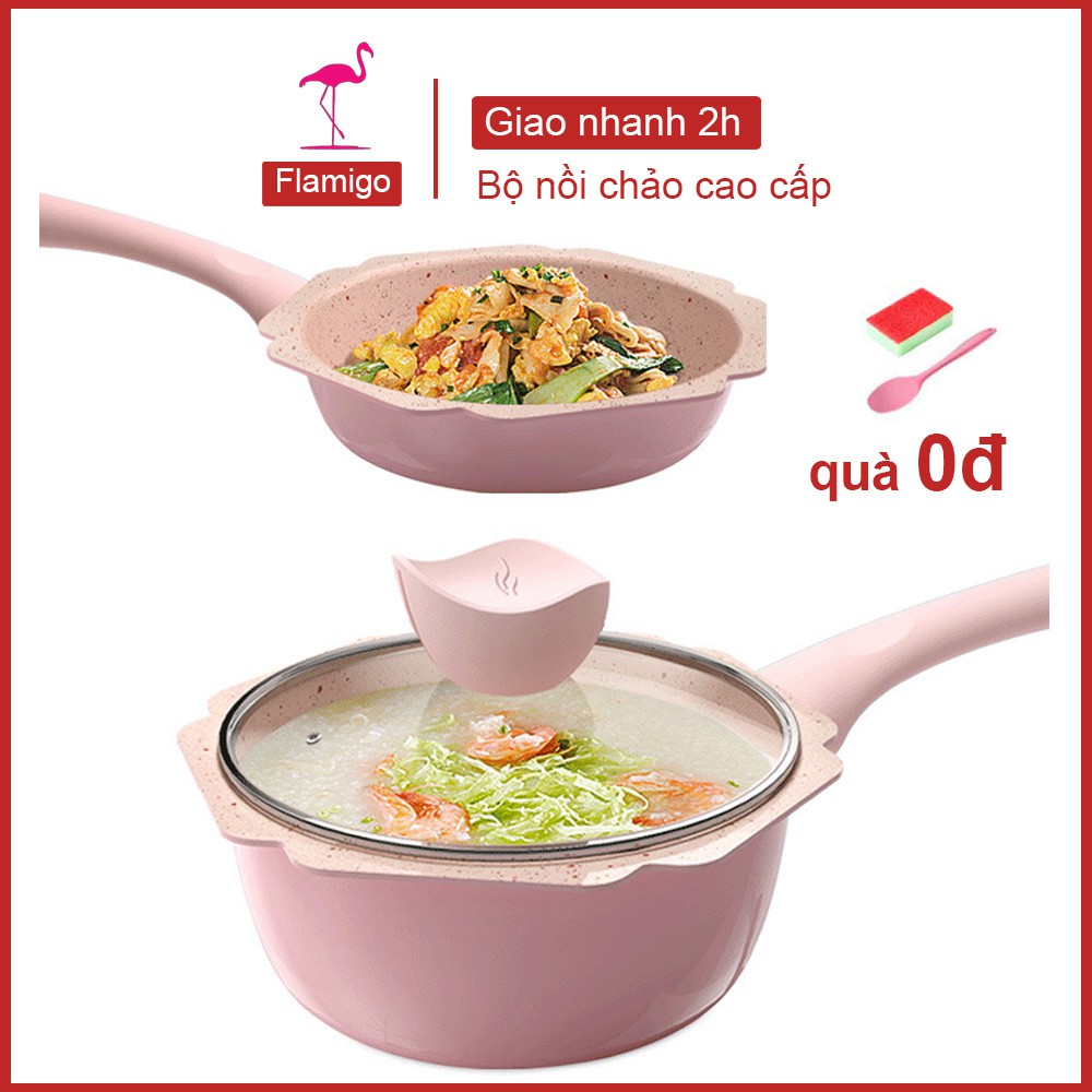 Bộ nồi chảo bếp từ cho bé ăn dặm cao cấp, chảo đá cống dính chiên rán trứng ốp la, nồi nấu mì tiện lợi