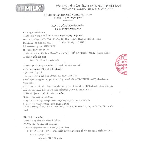 [INBOX TRƯỚC KHI MUA HÀNG] Sữa Tươi Thanh Trùng VPMilk Đà Lạt Fresh Milk chai 950ml