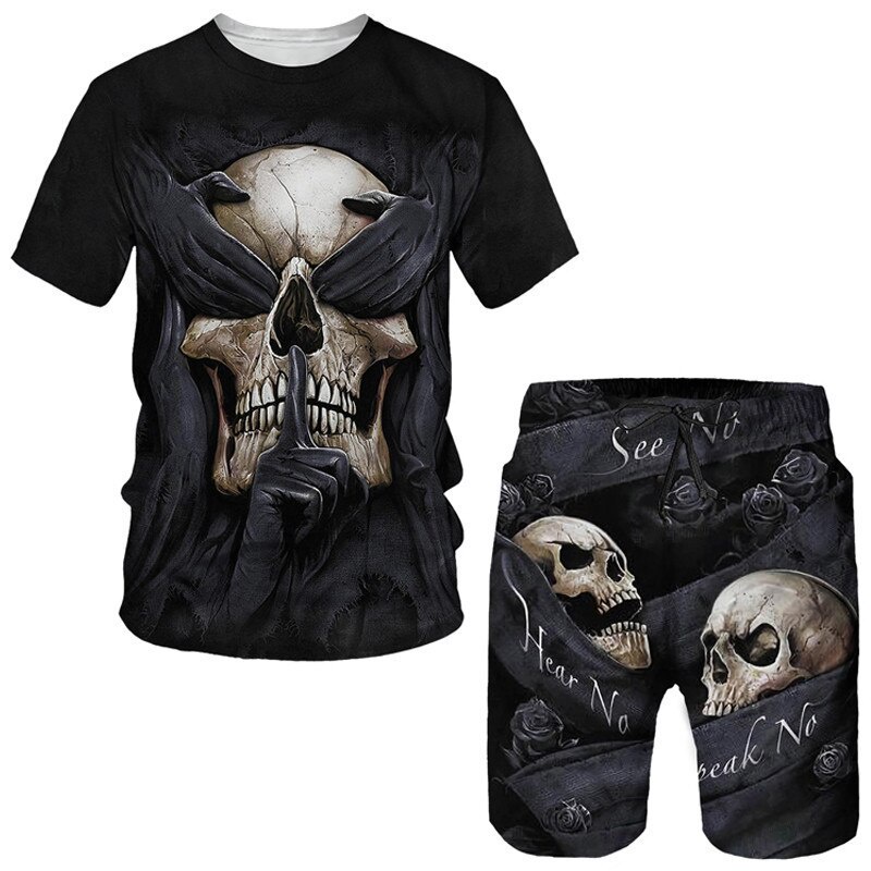 Bộ Sưu Tập Áo Thun Ngắn Tay In Hình Đầu Lâu 3D + Quần Short Phong Cách Đường Phố Gothic Thời Trang Mùa Hè Mới Cho Nam