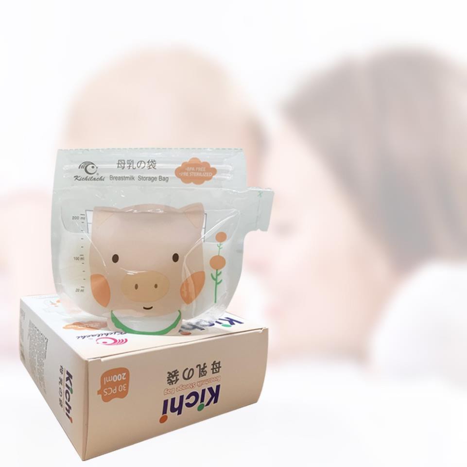 Hộp 32 túi trữ sữa Mẹ 200ml hình con Heo có vòi rót Kichilachi - K32V (Công Nghệ Nhật)