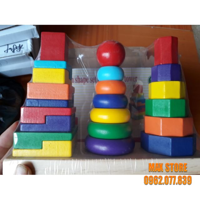 Bộ Giáo Cụ Montessori - Tháp Chồng 3 Cọc Bằng Gỗ ( Loại To Đẹp)