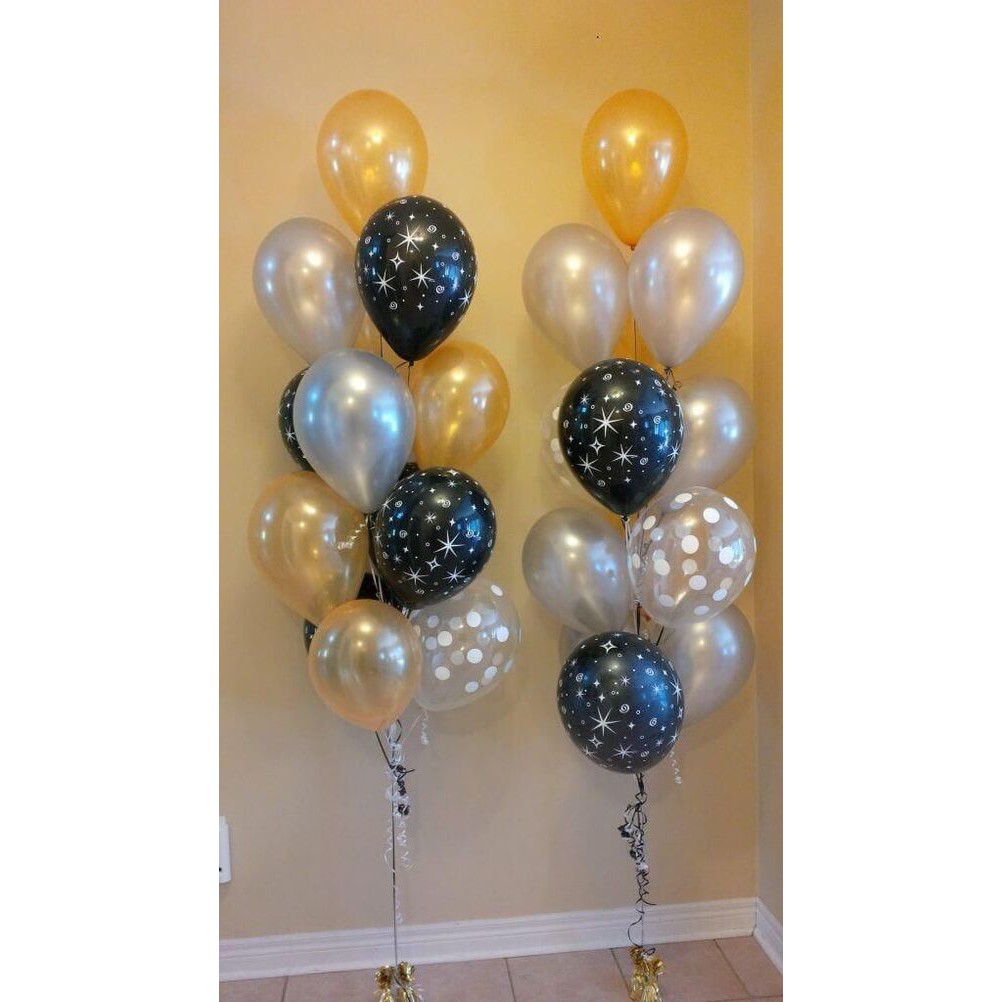 Bộ 20 vỏ bóng bay trang trí màu đồng, bạc, đen chấm sao, trong suốt chấm bi