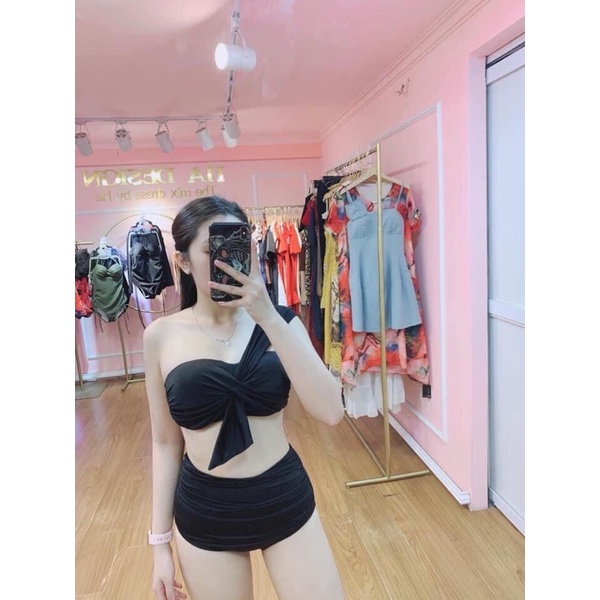 Bikini 2 mảnh, đồ bơi lưng cao, áo gọng nâng ngực lệch vai 2020