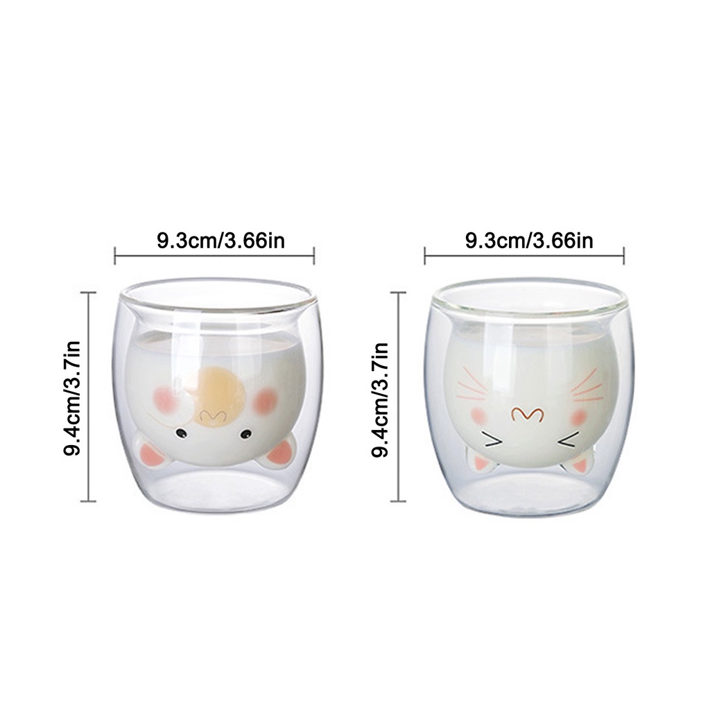 Set 2 cốc thủy tinh hai lớp trong suốt in hình mèo dễ thương chất lượng cao