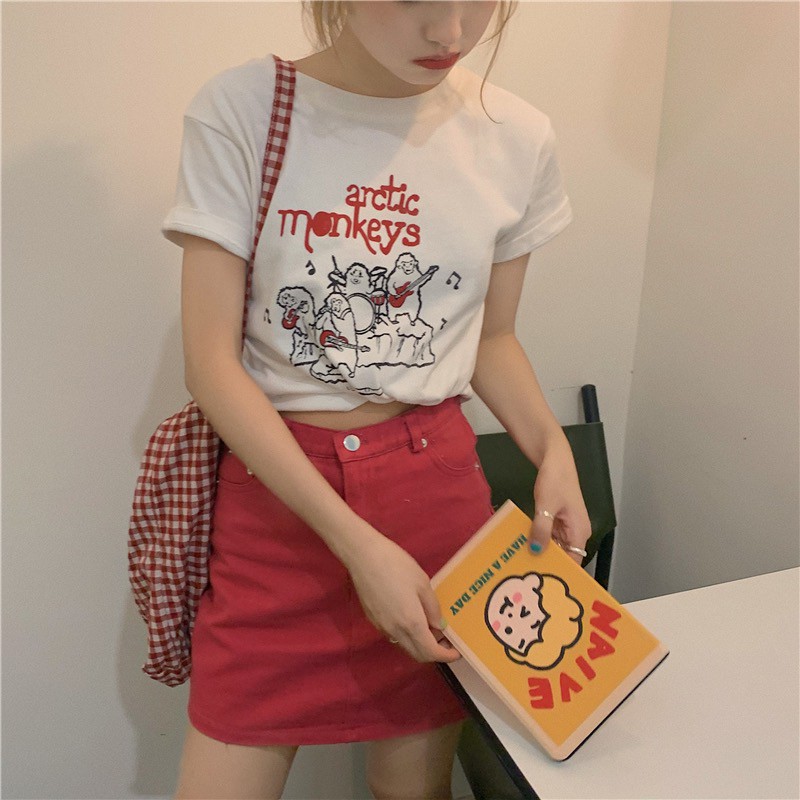 SET TÁCH RỜI GỒM CHÂN VÁY NGẮN COTTON HỒNG NEON + ÁO THUN CROPTOP TRẮNG IN HÌNH